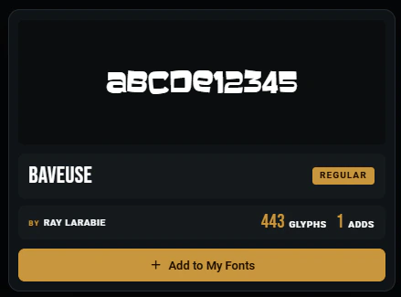 Font Library card preview showing Baveuse lettering and font details