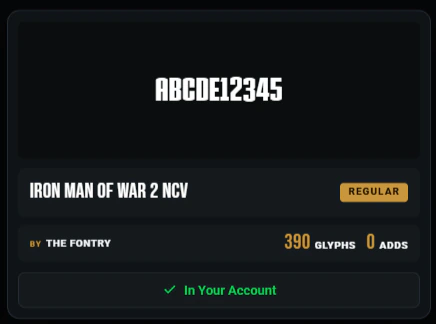 Font Library card preview showing Iron Man of War 2 NCV lettering and font details