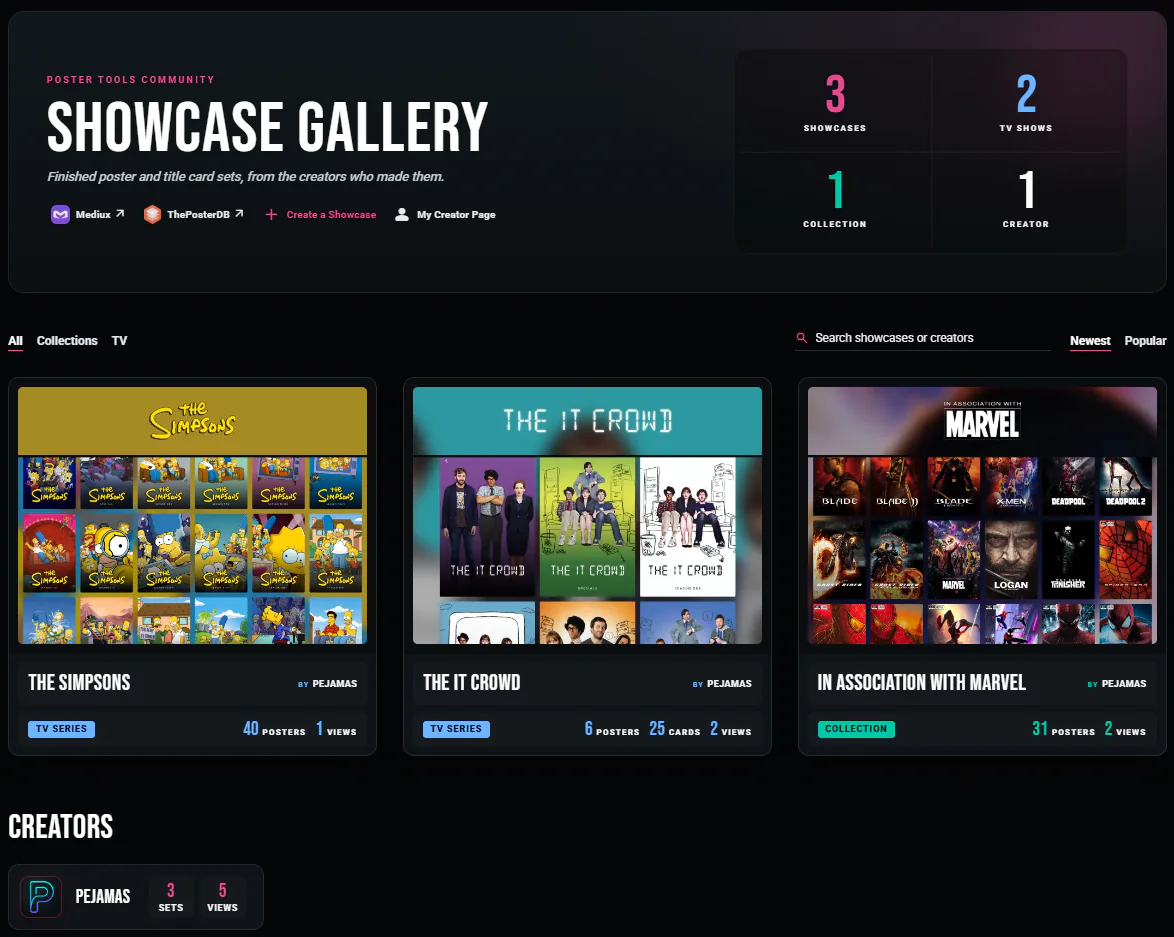 The Showcase Gallery browse page with published poster sets