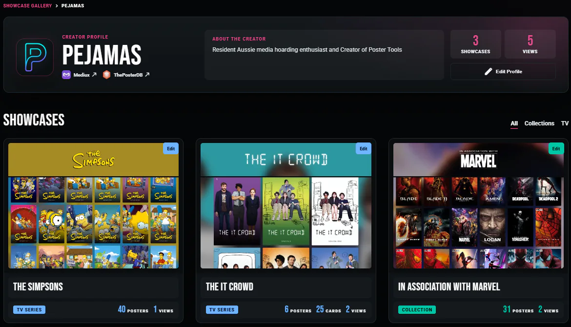 A creator profile page in the Poster Tools Showcase Gallery