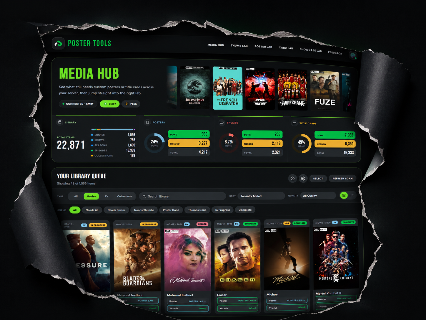 Preview of Media Hub with library stats, poster queue, and title card progress revealed through a torn page effect