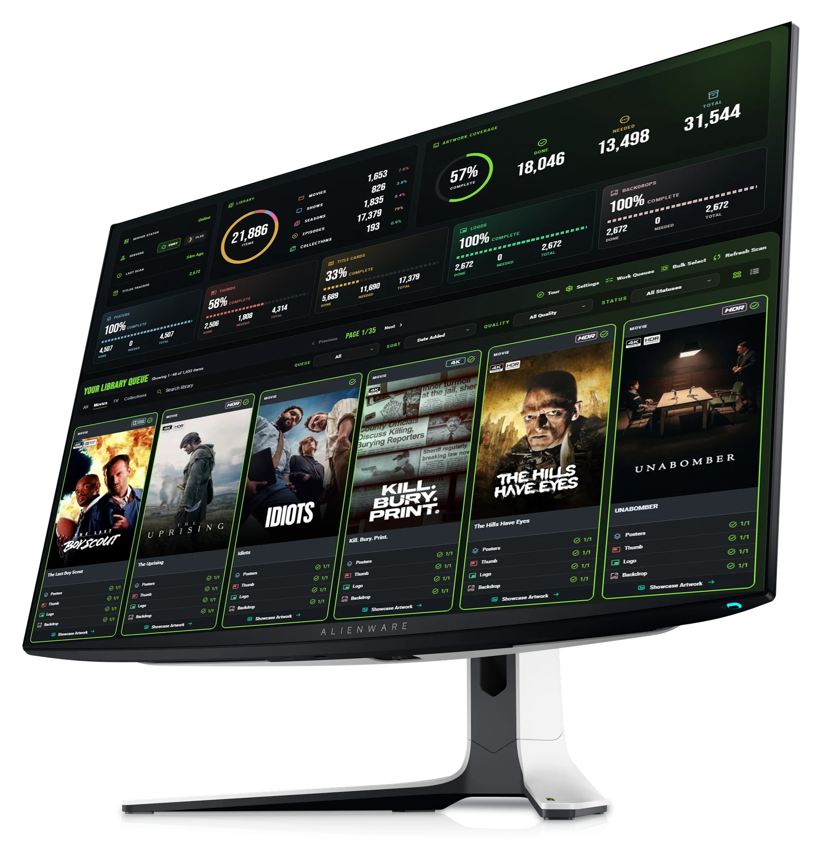 Media Hub command centre showing library composition, artwork coverage, server status and the fix-it queue